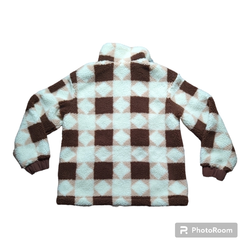 Madewell Sherpa quilted bomber women's jacket in patchwork stars XS white brown - Picture 6 of 11